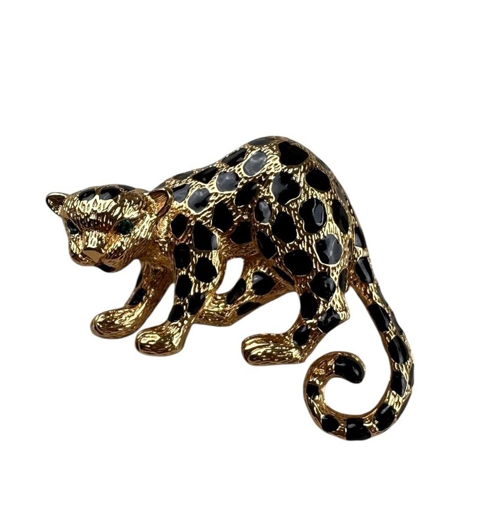 VTG Leopard Brooch Pin Enamel Gold Tone Green Eyes Cheetah Cat Jaguar